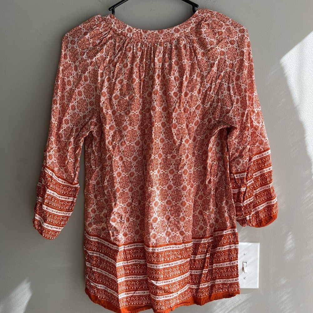 Anne Carson 3/4 Sleeve Blouse Top Women's Size S Orange White Floral V-Neck - Picture 2 of 6